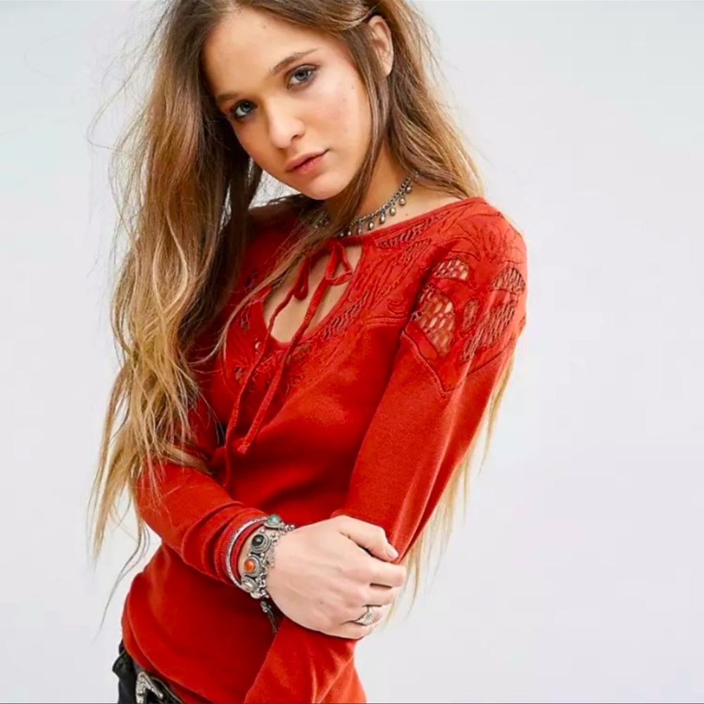 Free People With Love Red Eyelet Top Xs